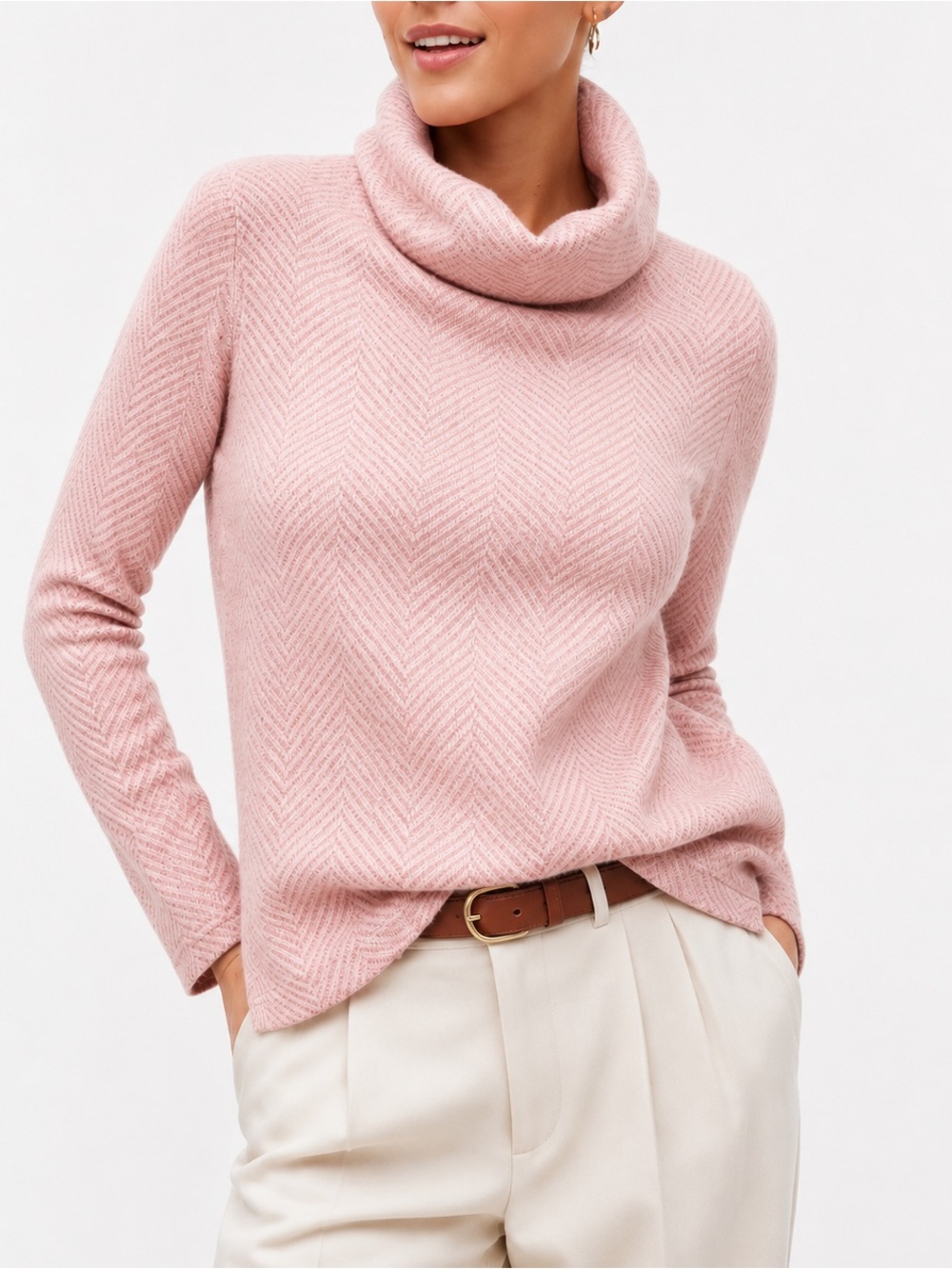 J Crew Womens Medium Pink White Herringbone  Turtle Neck Pullover Sweater